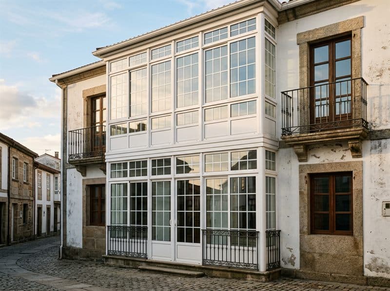 Galería de aluminio y vidrio en una fachada de Ourense