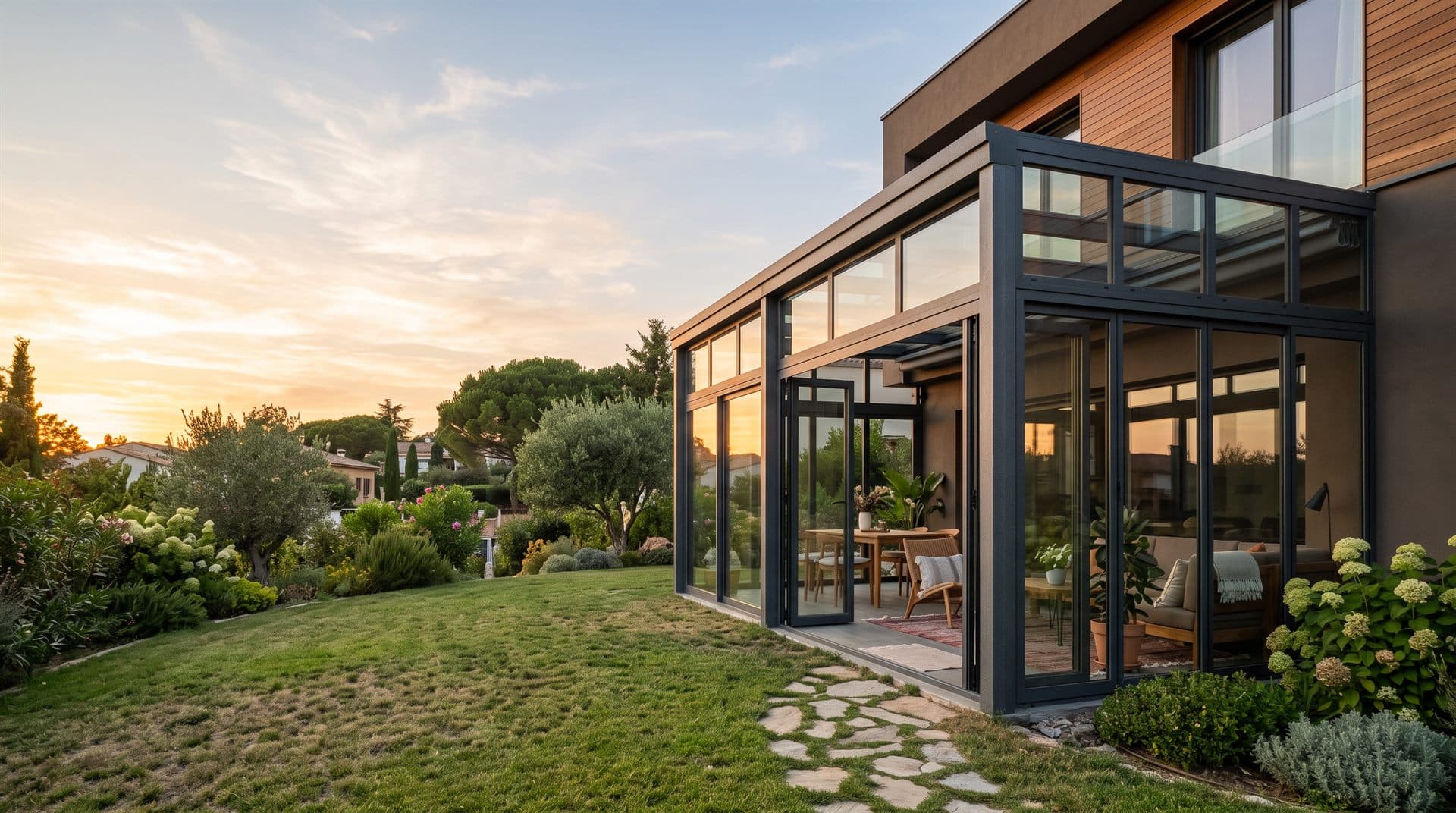 Veranda de aluminio con techo acristalado en Ourense